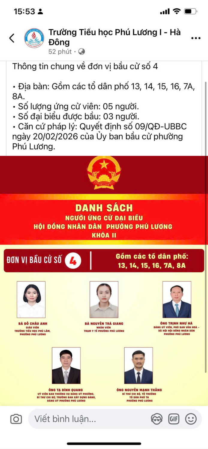 Thông tin chung về đơn vị bầu cử số 4 • Địa bàn: Gồm các tổ dân phố 13, 14, 15, 16, 7A, 8A. • Số lượng ứng cử viên: 05 người. • Số đại biểu được bầu: 03 người.
