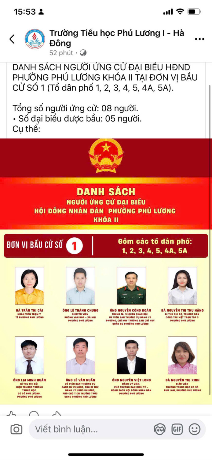 DANH SÁCH NGƯỜI ỨNG CỬ ĐẠI BIỂU HĐND PHƯỜNG PHÚ LƯƠNG KHÓA II TẠI ĐƠN VỊ BẦU CỬ SỐ 1 (Tổ dân phố 1, 2, 3, 4, 5, 4A, 5A). Tổng số người ứng cử: 08 người.   • Số đại biểu được bầu: 05 người.