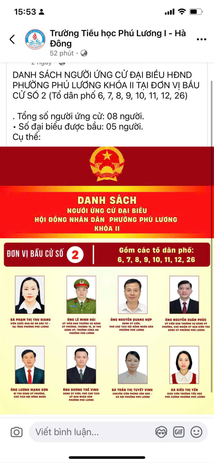 DANH SÁCH NGƯỜI ỨNG CỬ ĐẠI BIỂU HĐND PHƯỜNG PHÚ LƯƠNG KHÓA II TẠI ĐƠN VỊ BẦU CỬ SỐ 2 (Tổ dân phố 6, 7, 8, 9, 10, 11, 12, 26) . Tổng số người ứng cử: 08 người.   • Số đại biểu được bầu: 05 người.