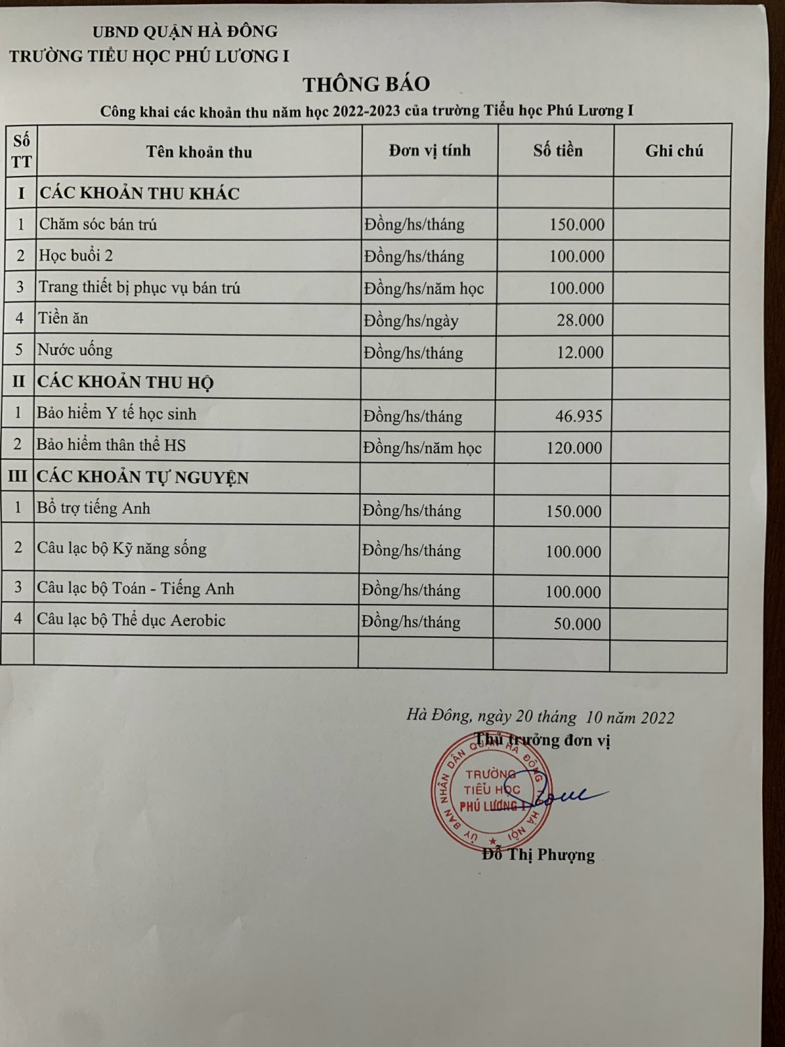 Thông báo công khai các khoản thu năm học 2022 2023